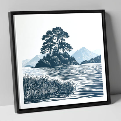 Derwentwater Island in Slate Blue lake district lake canvas wall art in black frame