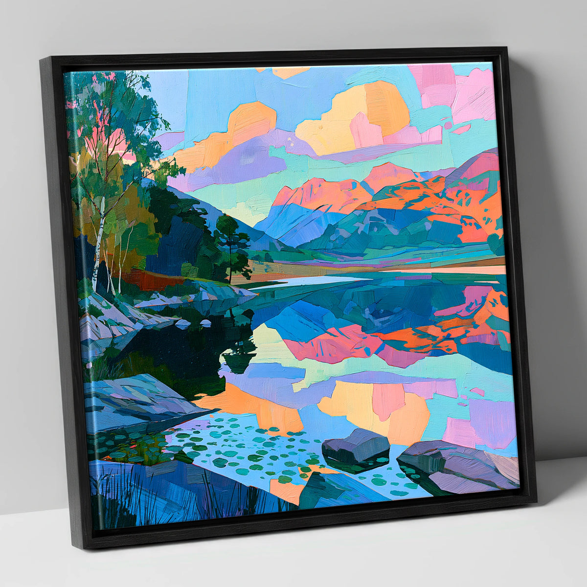Pastel Dawn Over Still Lake lake district lake canvas wall art in black frame