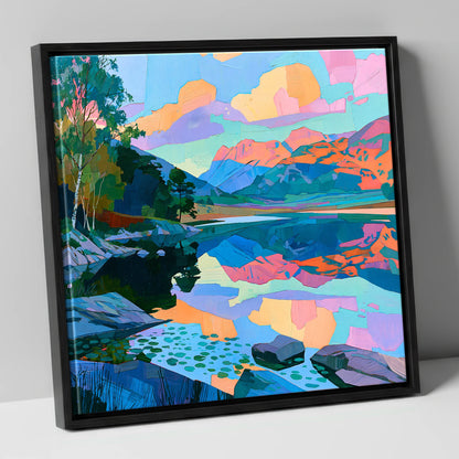 Pastel Dawn Over Still Lake lake district lake canvas wall art in black frame