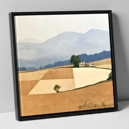 Stone Cottage in Harvest Gold Fells lake district valley canvas wall art in black frame