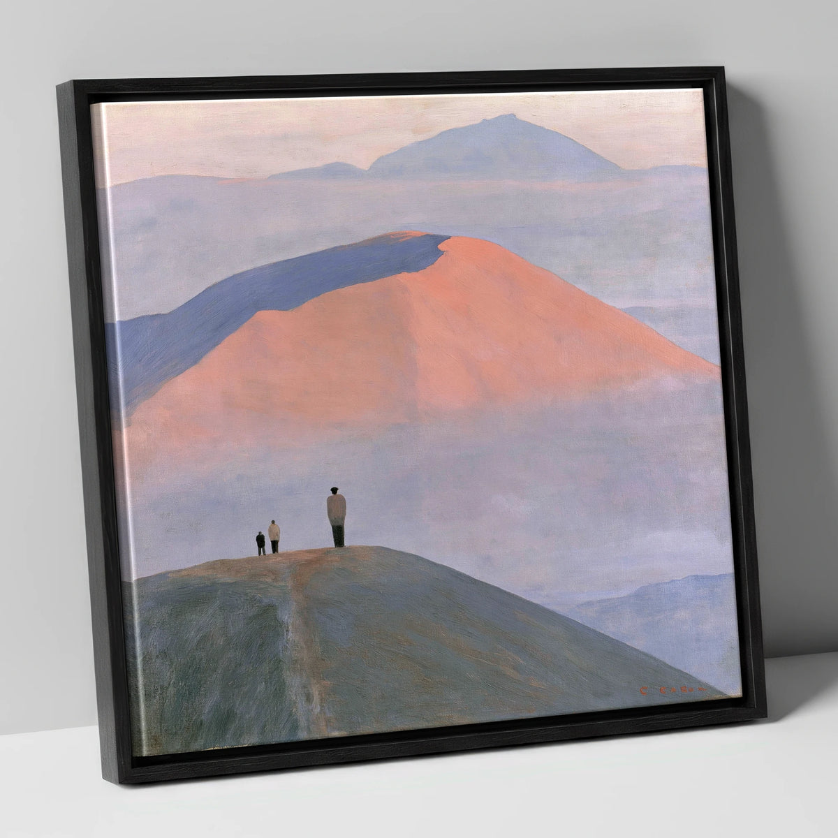 Hikers on a Pastel Fell Top lake district fell canvas wall art in black frame
