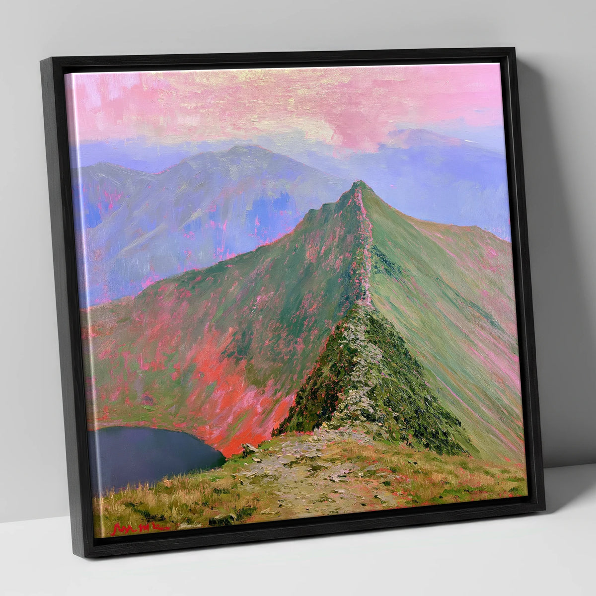 Striding Edge Beneath a Pink Sky lake district walking canvas wall art in black frame
