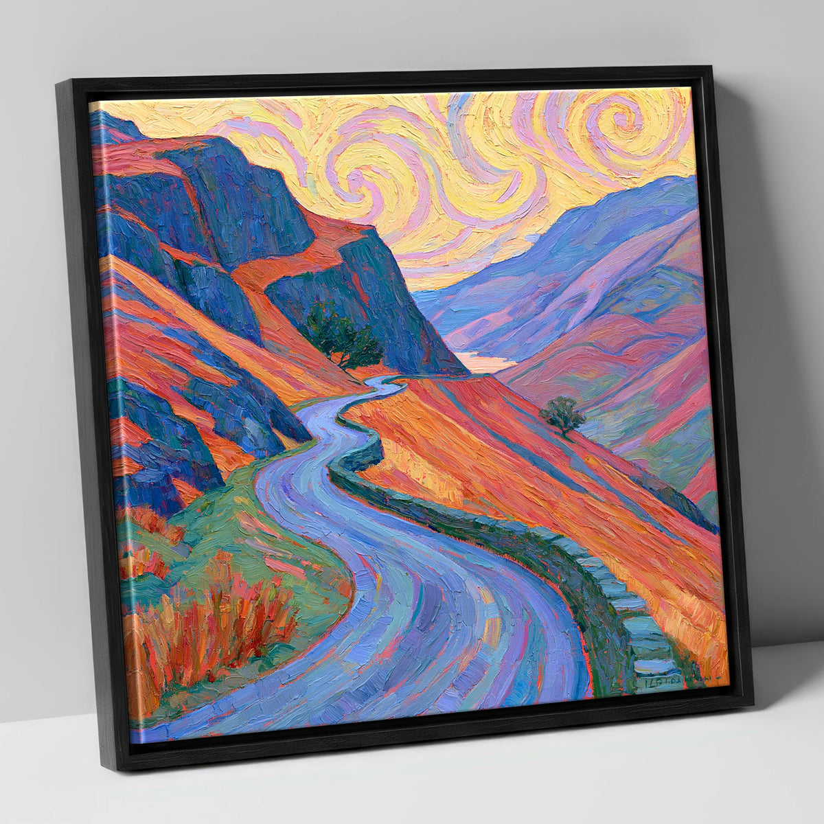 Winding Mountain Pass in Amber and Violet lake district valley canvas wall art in black frame