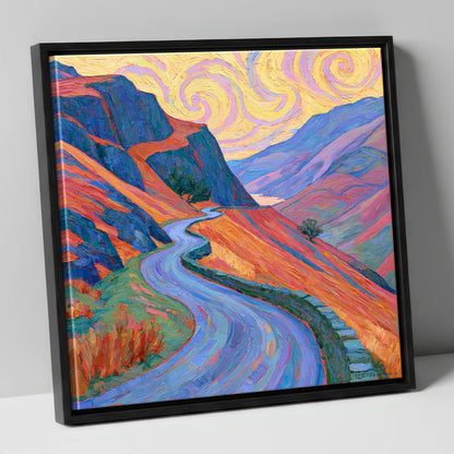 Winding Mountain Pass in Amber and Violet lake district valley canvas wall art in black frame