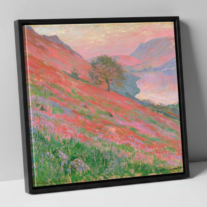 Sunset Pink Over Rannerdale Bluebells lake district lake canvas wall art in black frame