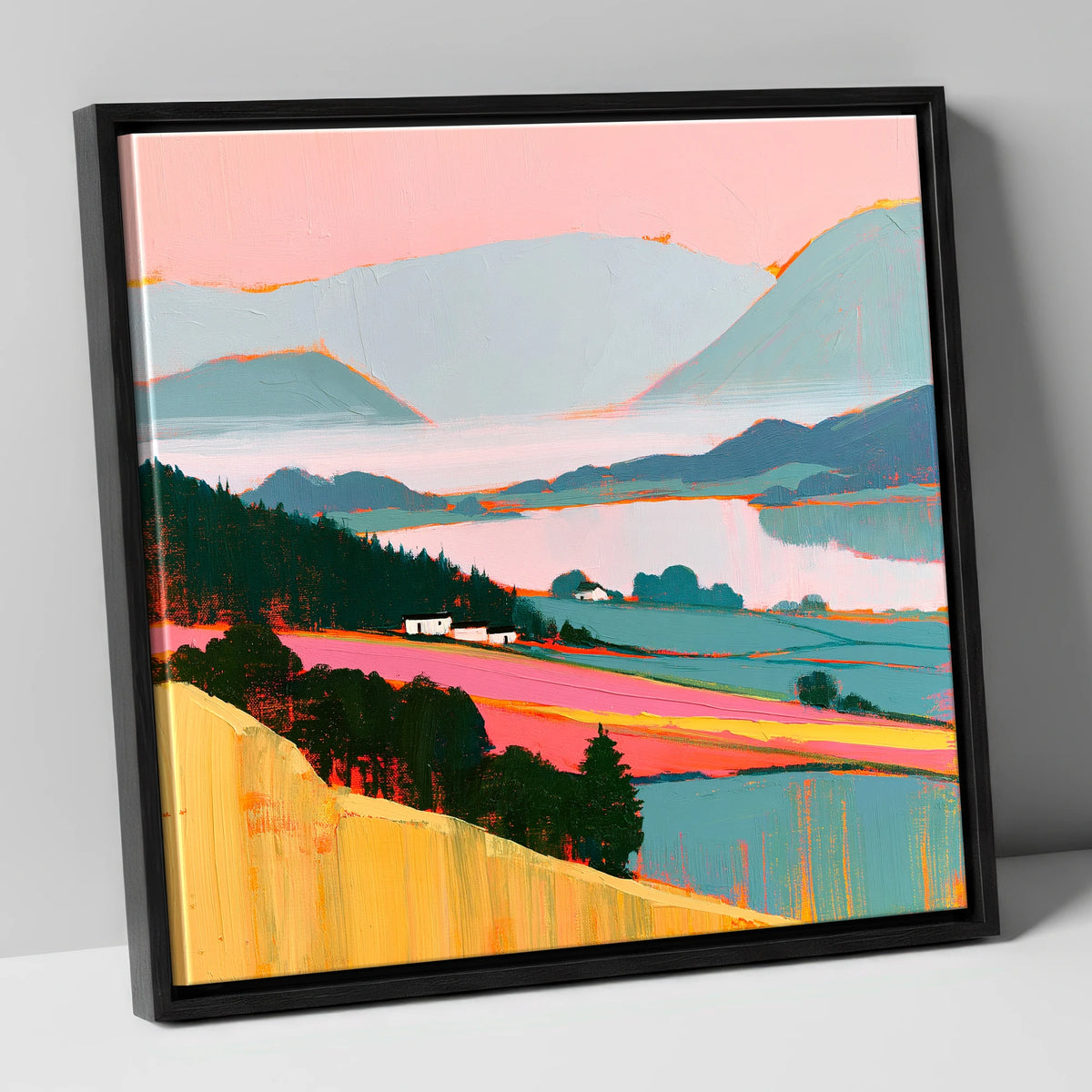 Pink Morning Valley Mist lake district sky canvas wall art in black frame
