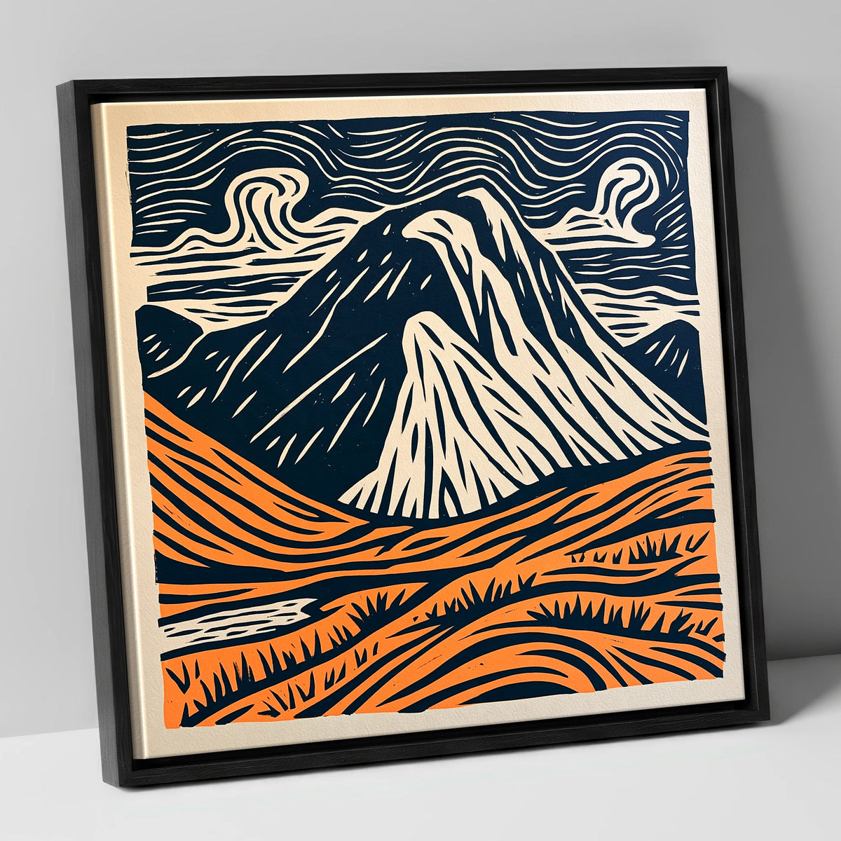 Great Gable in Navy and Orange lake district fell canvas wall art in black frame