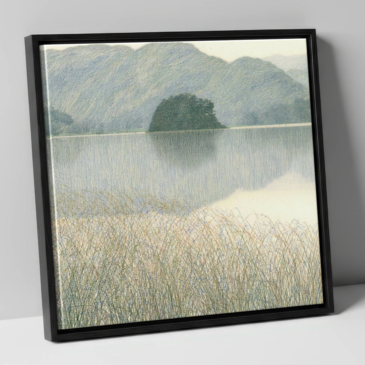 Grasmere Island Through Tall Grasses lake district lake canvas wall art in black frame
