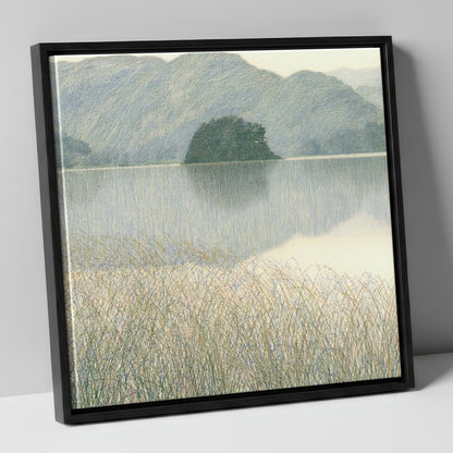 Grasmere Island Through Tall Grasses lake district lake canvas wall art in black frame