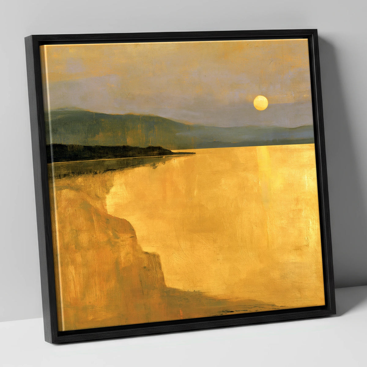 Lake Sunset in Luminous Ochre lake district lake canvas wall art in black frame