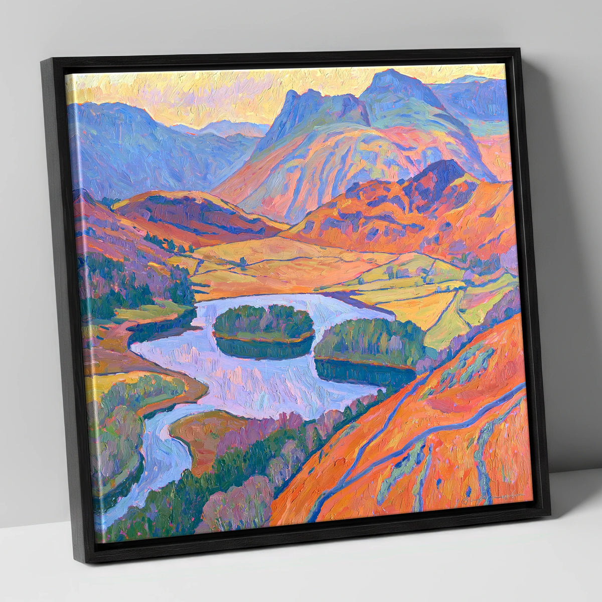 Radiant Fells Above Elter Water lake district lake canvas wall art in black frame