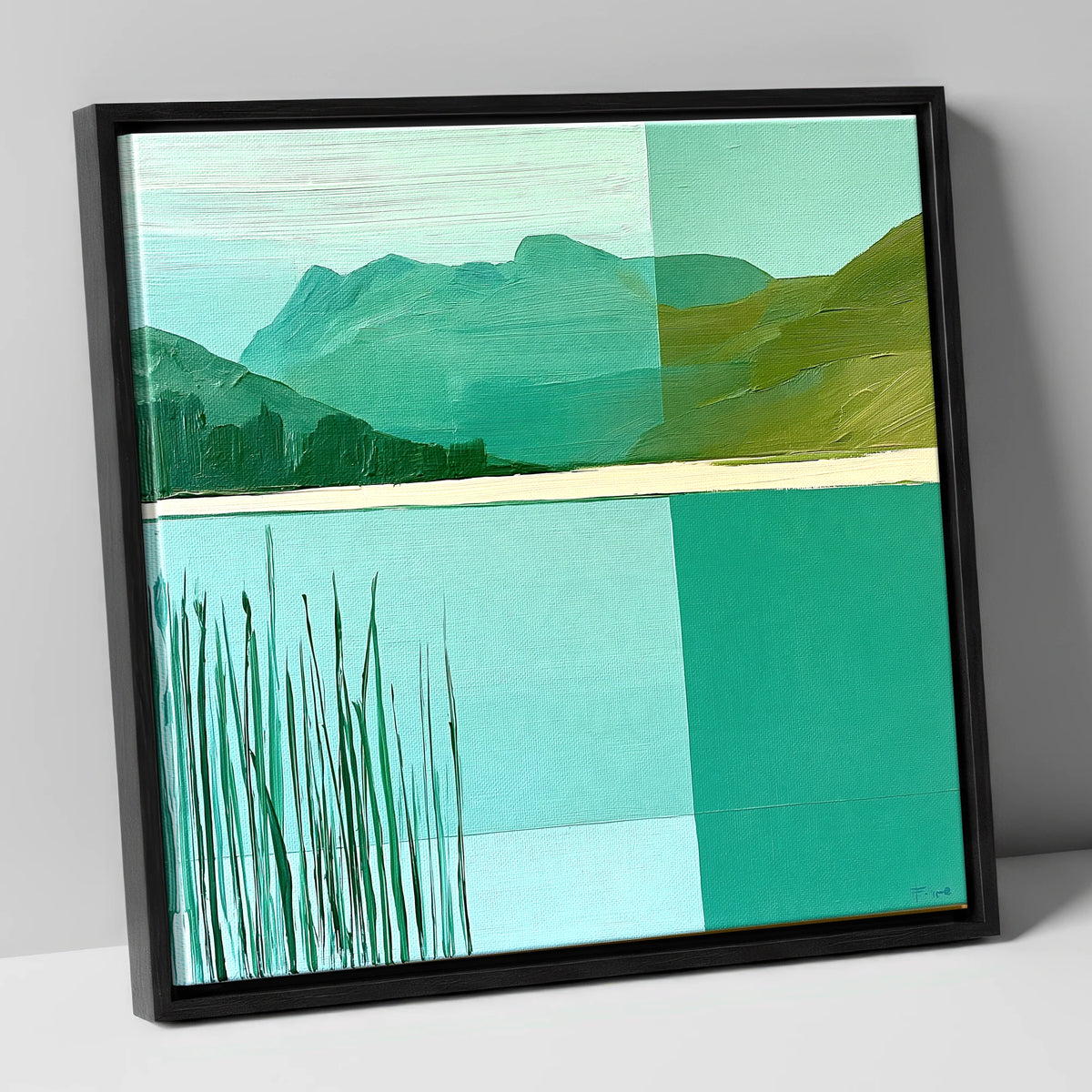 Teal Reeds at Elterwater lake district lake canvas wall art in black frame