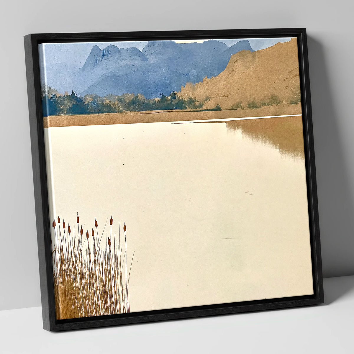 Elterwater Reeds and Slate Fells lake district lake canvas wall art in black frame