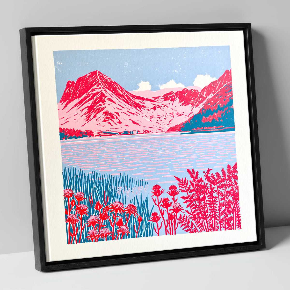 Bold Pink Fells of Buttermere lake district lake canvas wall art in black frame