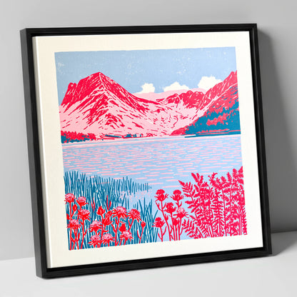 Bold Pink Fells of Buttermere lake district lake canvas wall art in black frame