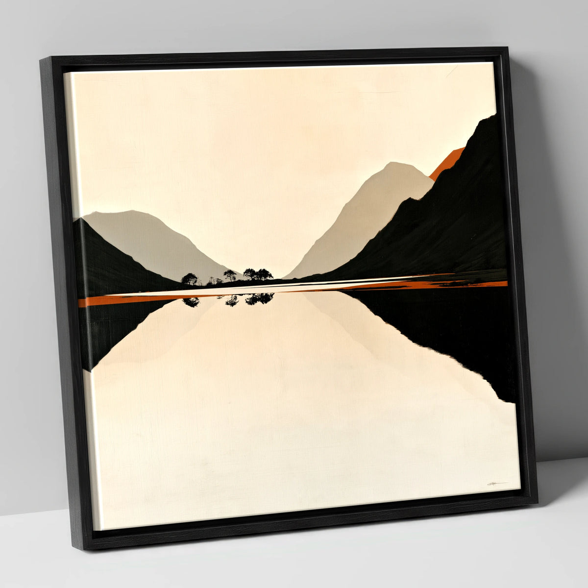 Minimalist Dawn Lake Silhouette lake district lake canvas wall art in black frame