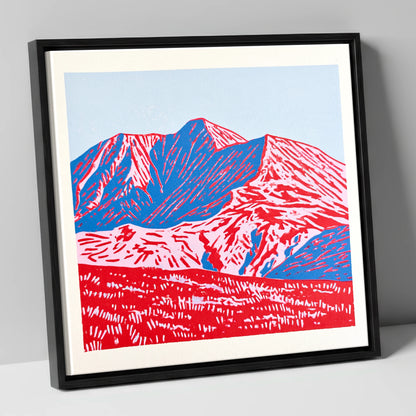 Graphic Red and Blue Helvellyn lake district fell canvas wall art in black frame