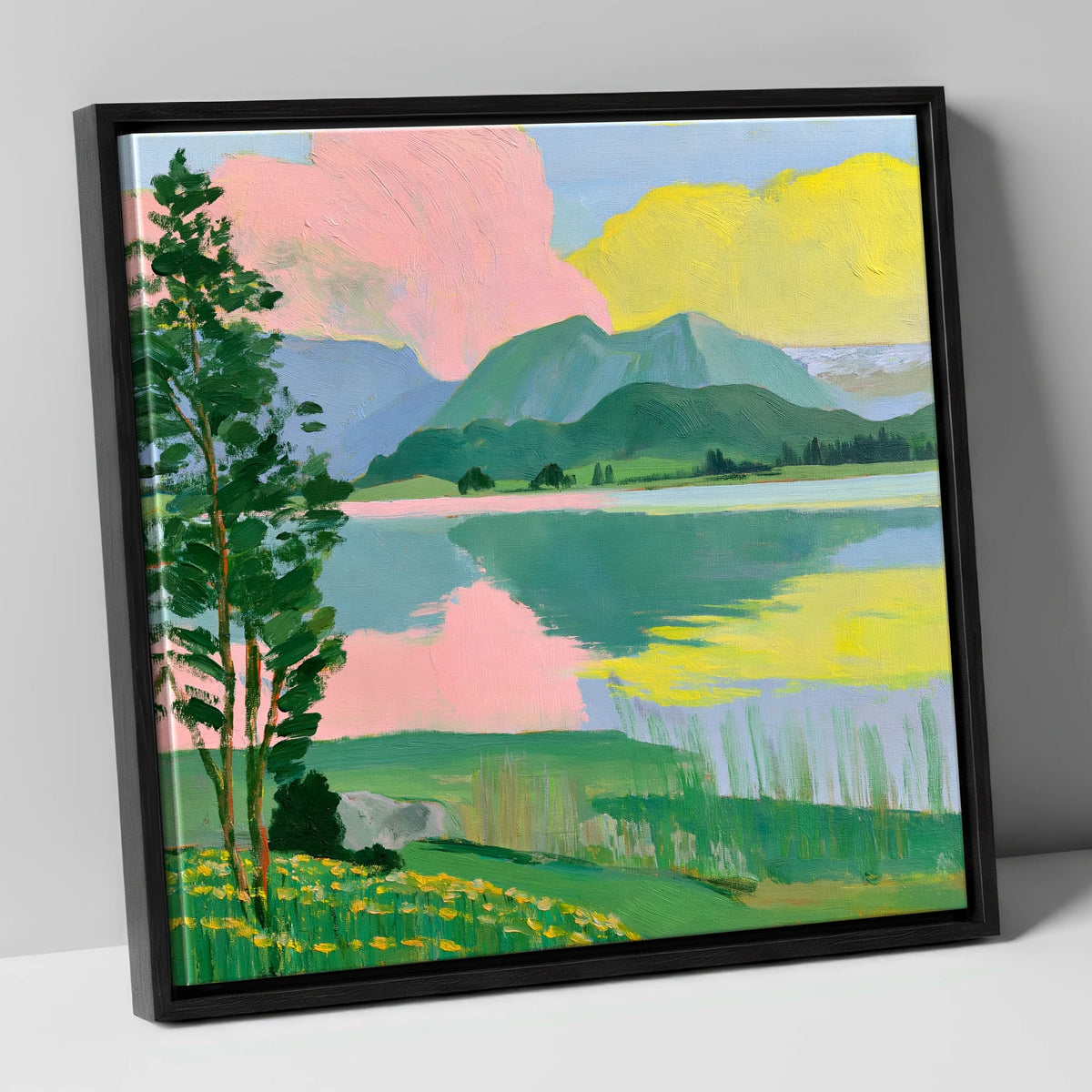 Vibrant Lake With Pink Clouds lake district lake canvas wall art in black frame