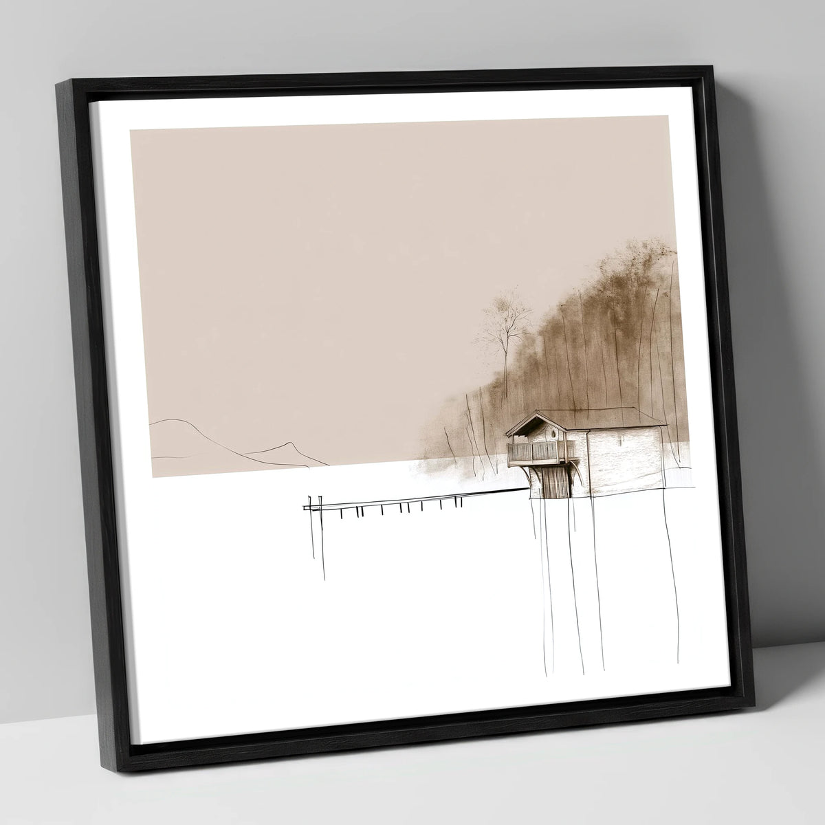 Pooley Bridge Boathouse in Taupe lake district village canvas wall art in black frame