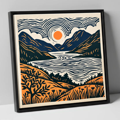 Orange Sun Over Ennerdale Water lake district valley canvas wall art in black frame