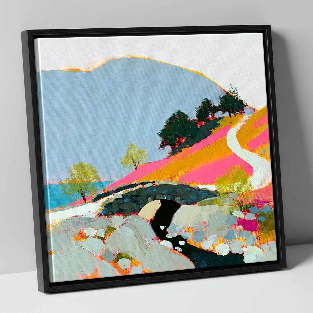 Bold Colours at Ashness Bridge lake district waterfall canvas wall art in black frame