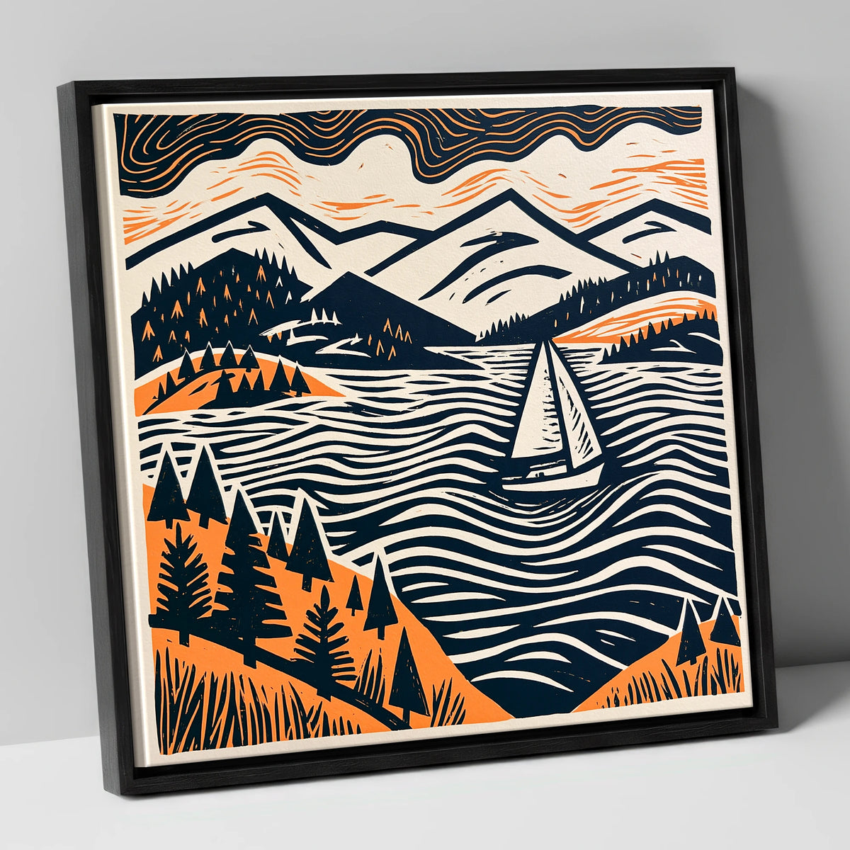 Windermere Sailboat in Terracotta and Navy lake district lake canvas wall art in black frame