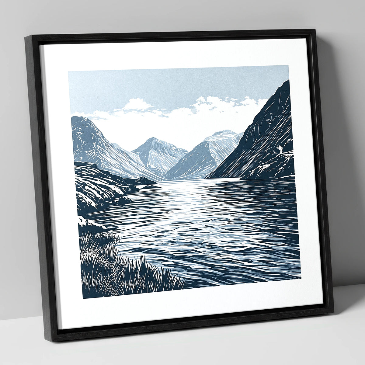 Wasdale Fells In Deep Navy lake district valley canvas wall art in black frame