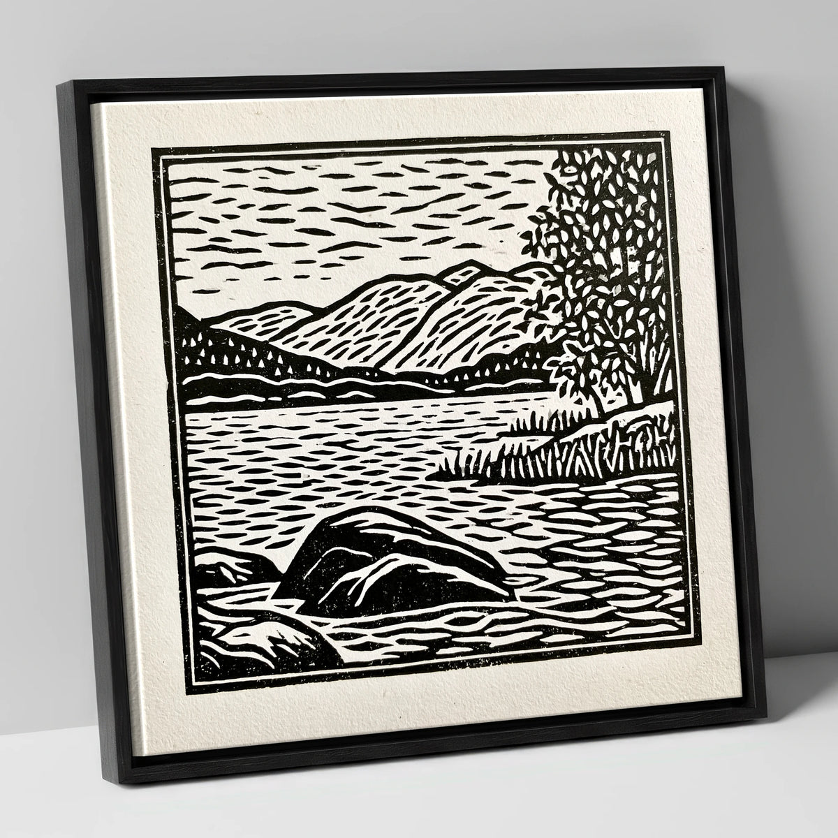 Monochrome Coniston Water Fells lake district lake canvas wall art in black frame
