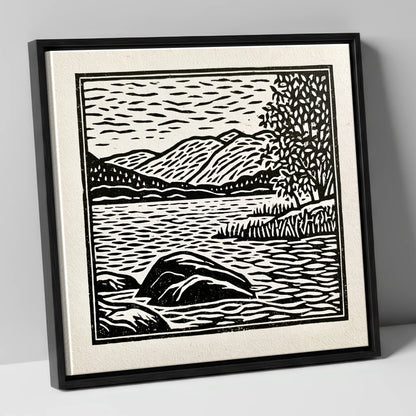 Monochrome Coniston Water Fells lake district lake canvas wall art in black frame