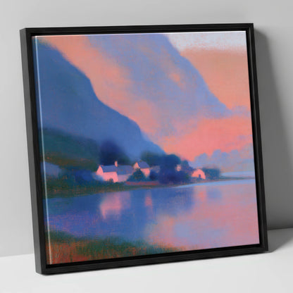 Lakeside Hamlet Beneath Indigo Fells lake district village canvas wall art in black frame