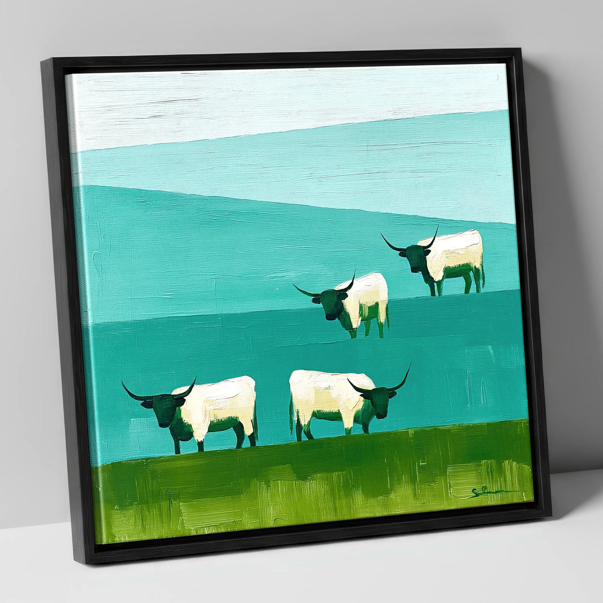 Highland Cattle Against Teal Fells lake district wildlife canvas wall art in black frame
