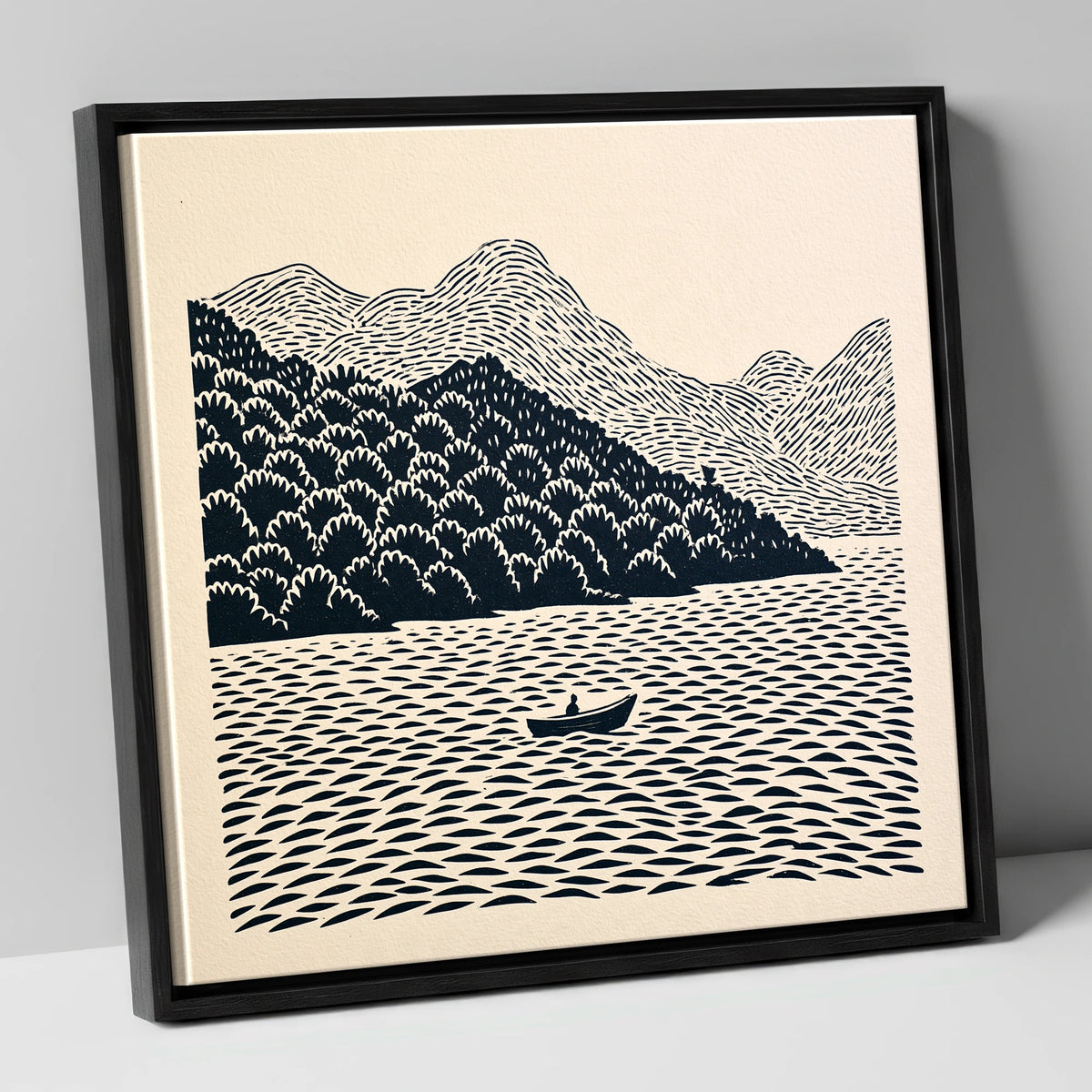 Rowing Boat Beneath Coniston Fells lake district lake canvas wall art in black frame