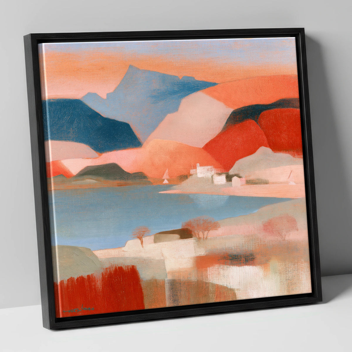 Abstract Terracotta Lake and Fells lake district lake canvas wall art in black frame