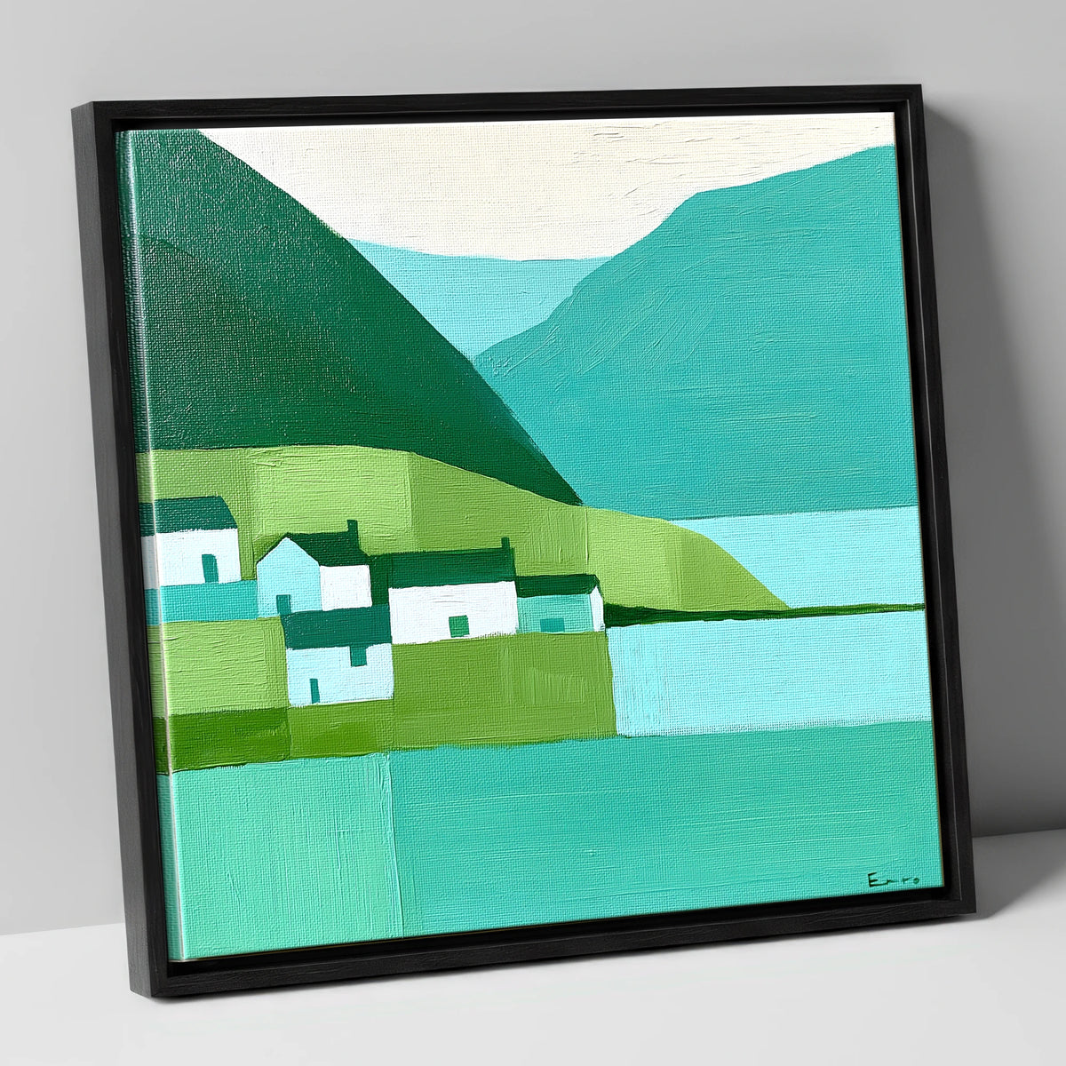 Modern Teal Lakeside Village lake district village canvas wall art in black frame