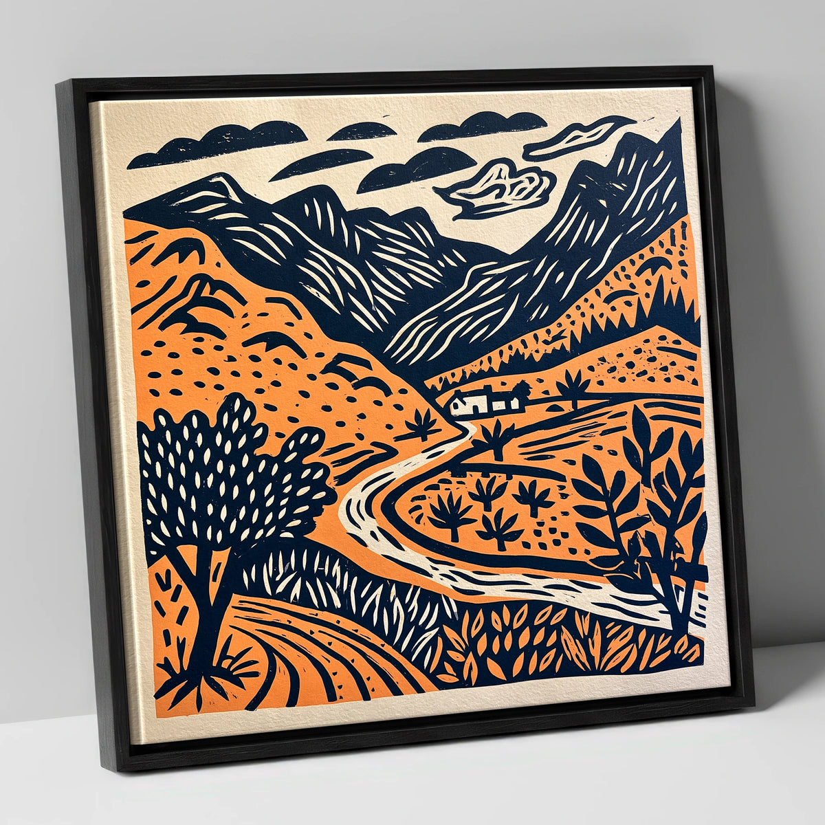 Terracotta And Navy Eskdale Valley lake district valley canvas wall art in black frame