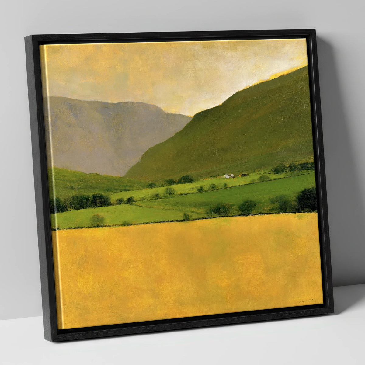 Golden Field Below the Fells lake district valley canvas wall art in black frame