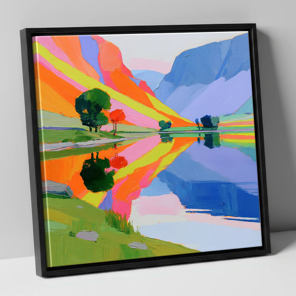 Bright Fells Reflected in Calm Lake lake district lake canvas wall art in black frame