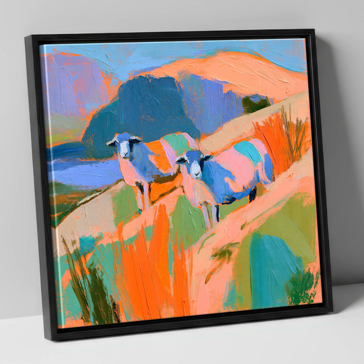 Colourful Herdwick Sheep on Fellside lake district wildlife canvas wall art in black frame