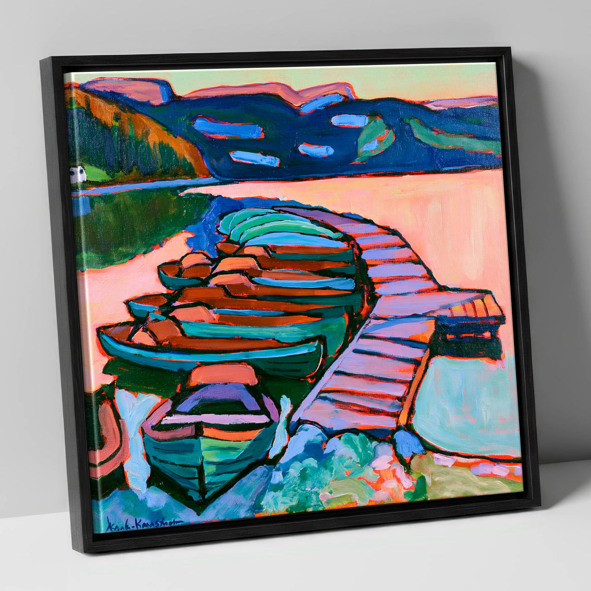 Bold Windermere Boats and Jetty lake district lake canvas wall art in black frame