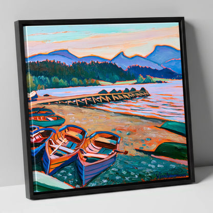 Colourful Windermere Rowing Boats lake district lake canvas wall art in black frame
