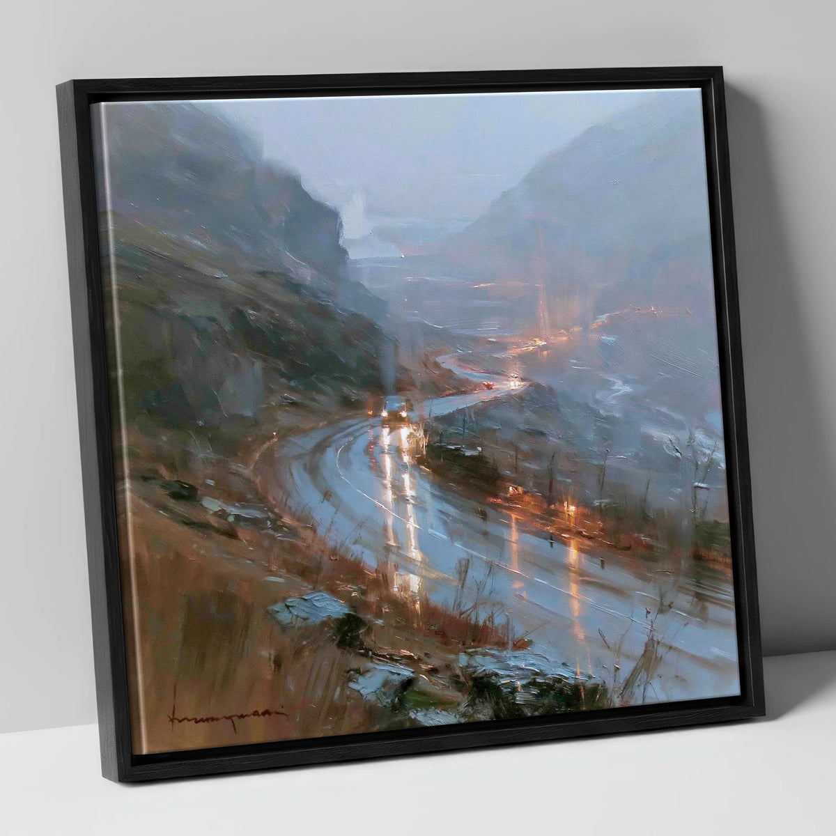 Rainy Mountain Pass at Dusk lake district valley canvas wall art in black frame