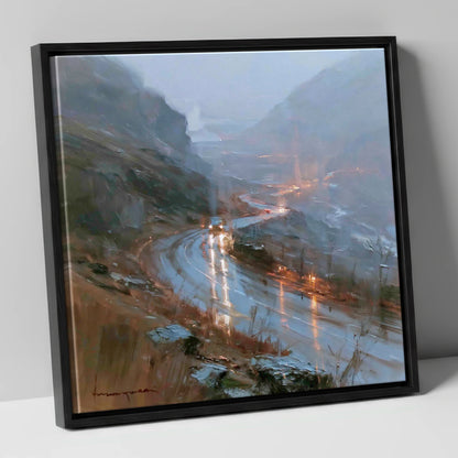 Rainy Mountain Pass at Dusk lake district valley canvas wall art in black frame