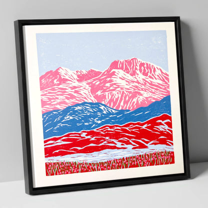 Bowfell in Bold Pink and Blue lake district fell canvas wall art in black frame