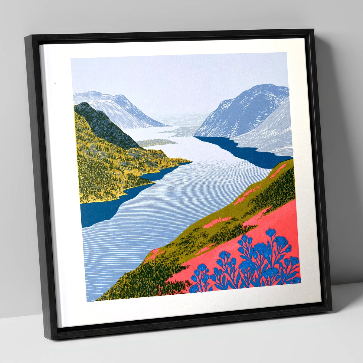 Graphic Lake And Fells In Coral lake district lake canvas wall art in black frame