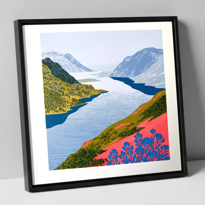 Graphic Lake And Fells In Coral lake district lake canvas wall art in black frame
