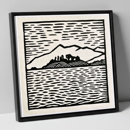 Bold Monochrome Derwentwater Island lake district lake canvas wall art in black frame
