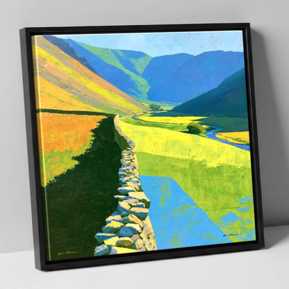 Drystone Wall Through Vibrant Valley lake district valley canvas wall art in black frame