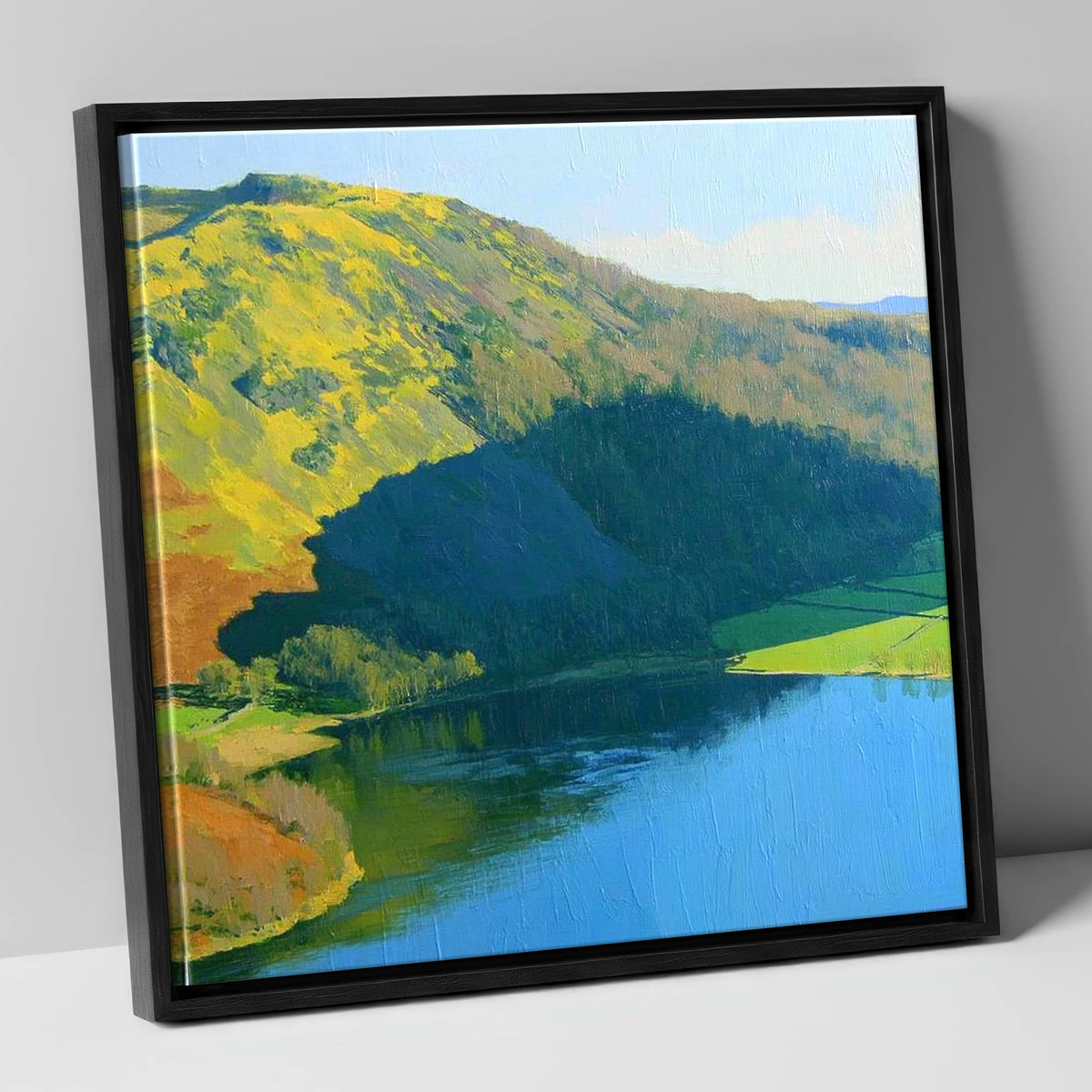 Vibrant Sunlight on Gowbarrow Fell lake district fell canvas wall art in black frame