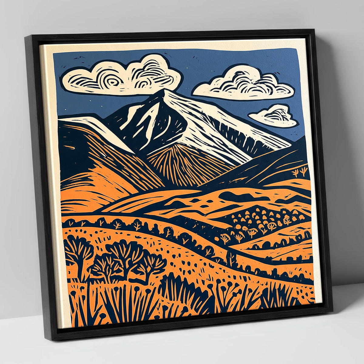 Skiddaw in Terracotta and Navy lake district fell canvas wall art in black frame