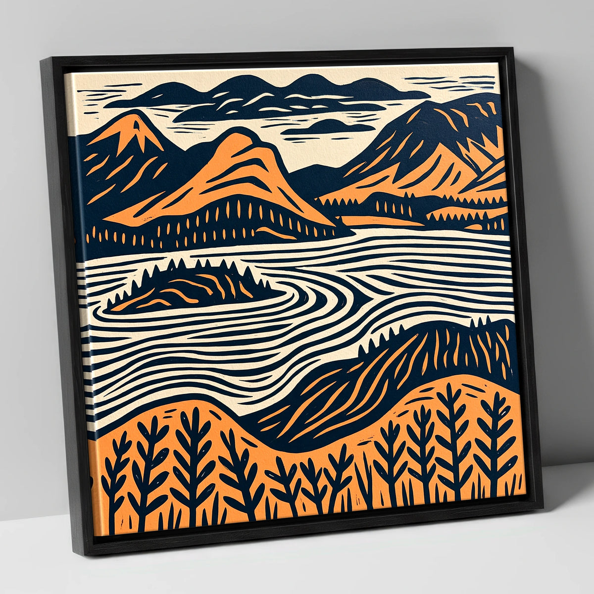 Derwentwater Island in Orange and Navy lake district lake canvas wall art in black frame